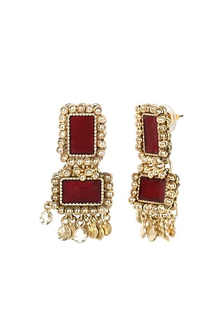Gold Finish Cut Maroon Mirror Dangler Earrings by House of Tuhina