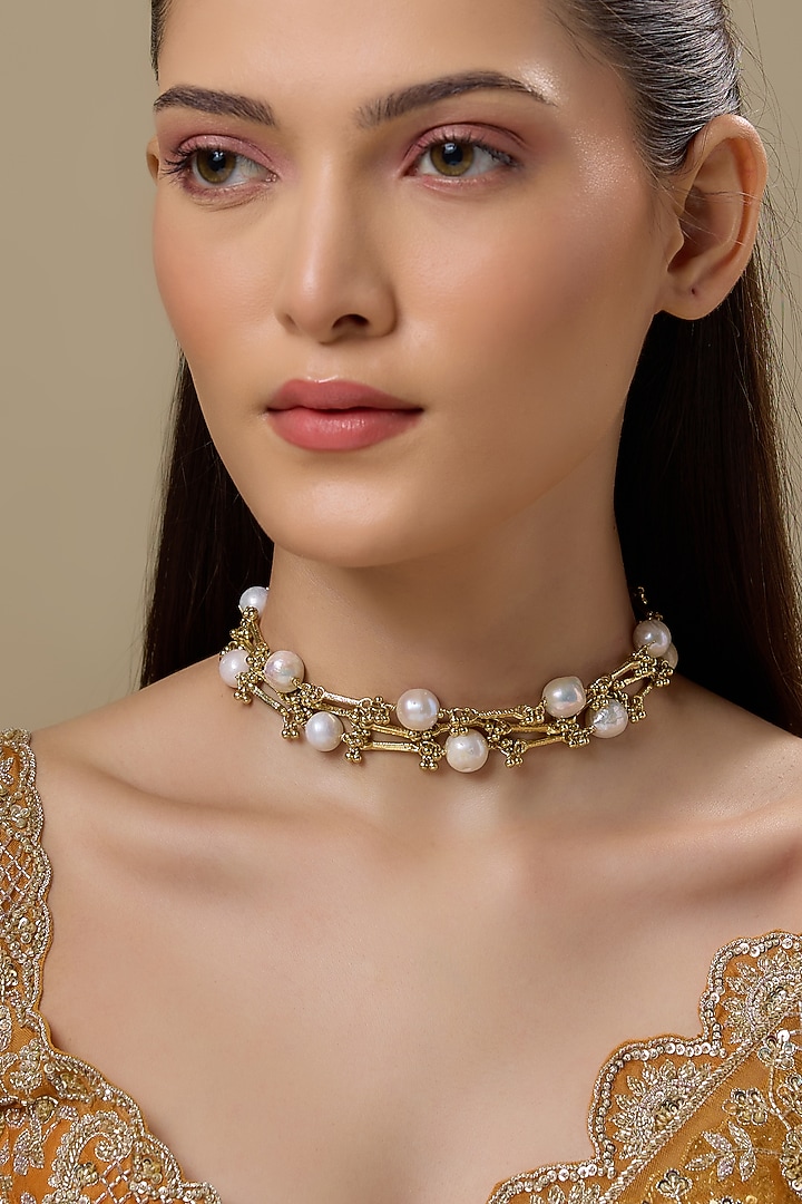 Gold Finish Water Pearl Necklace by House of Tuhina at Pernia's Pop Up Shop