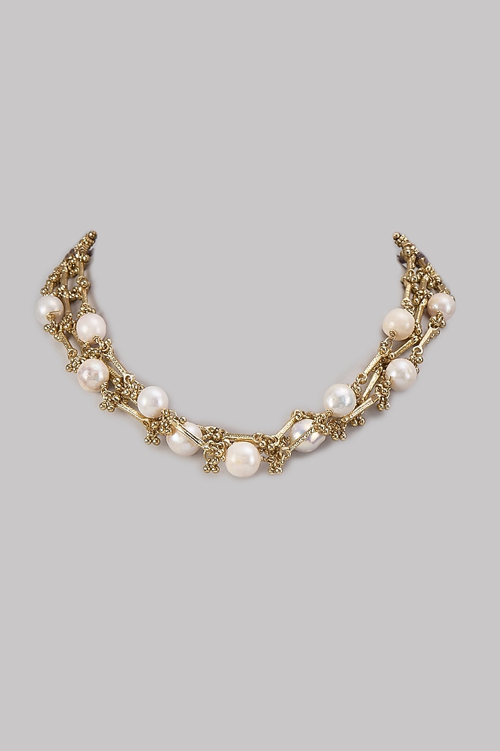 Gold Finish Water Pearl Necklace by House of Tuhina at Pernia's Pop Up Shop