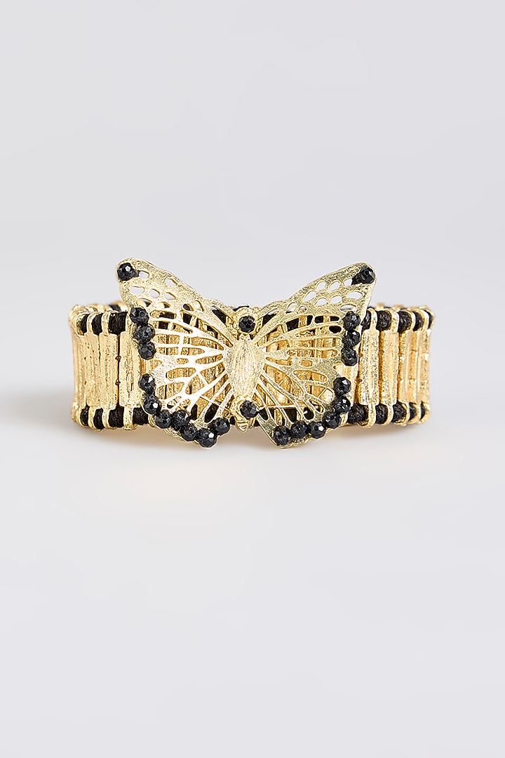 Gold Finish Black Stone Bracelet by House Of Tuhina at Pernia's Pop Up Shop