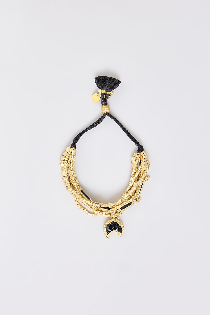Gold Finish Black Quartz Stone Adjustable Bracelet by House Of Tuhina at Pernia's Pop Up Shop