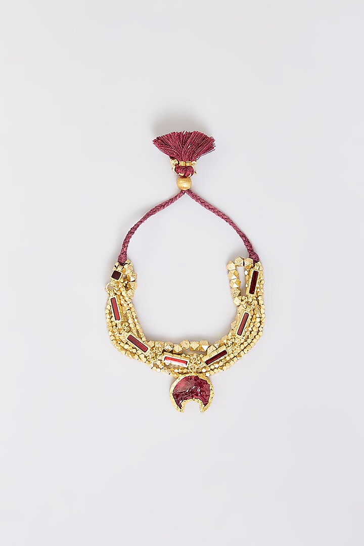 Gold Finish Maroon Quartz Stone Adjustable Bracelet by House Of Tuhina at Pernia's Pop Up Shop
