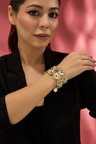 Gold Finish Water Pearl Double Bracelet by House of Tuhina