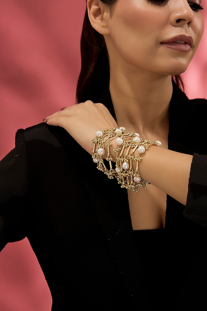 Gold Finish Water Pearl Bracelet by House of Tuhina at Pernia's Pop Up Shop