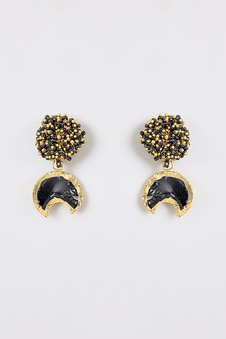 Gold Finish Black Quartz Stone Dangler Earrings by House Of Tuhina at Pernia's Pop Up Shop