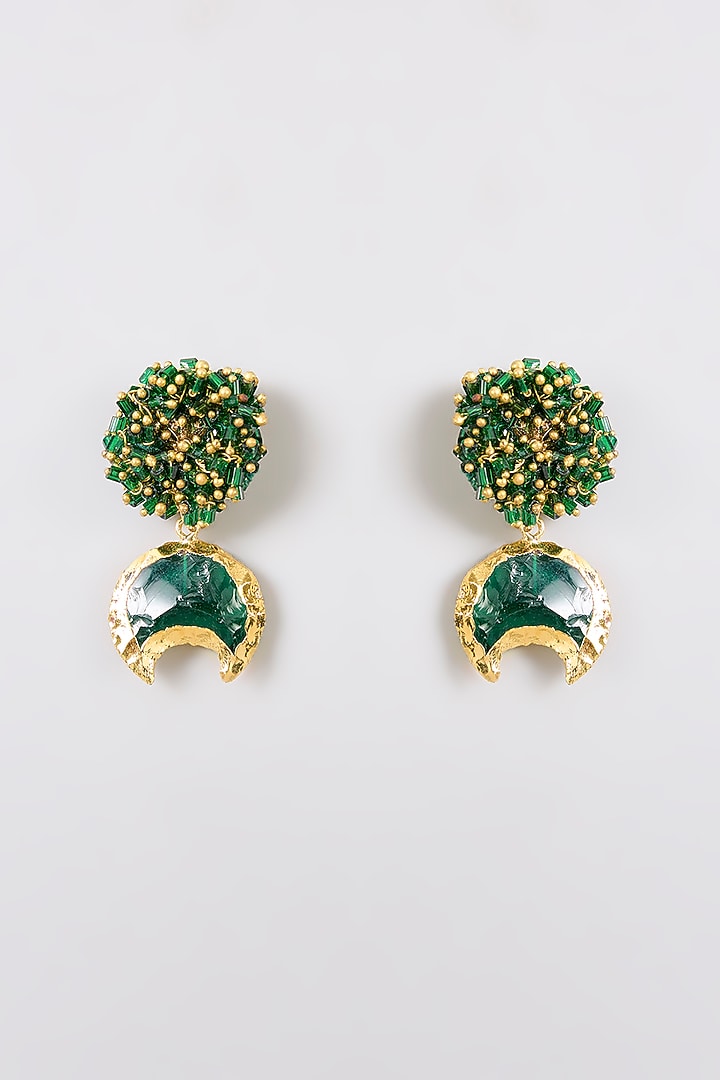 Gold Finish Green Quartz Stone Dangler Earrings by House Of Tuhina at Pernia's Pop Up Shop
