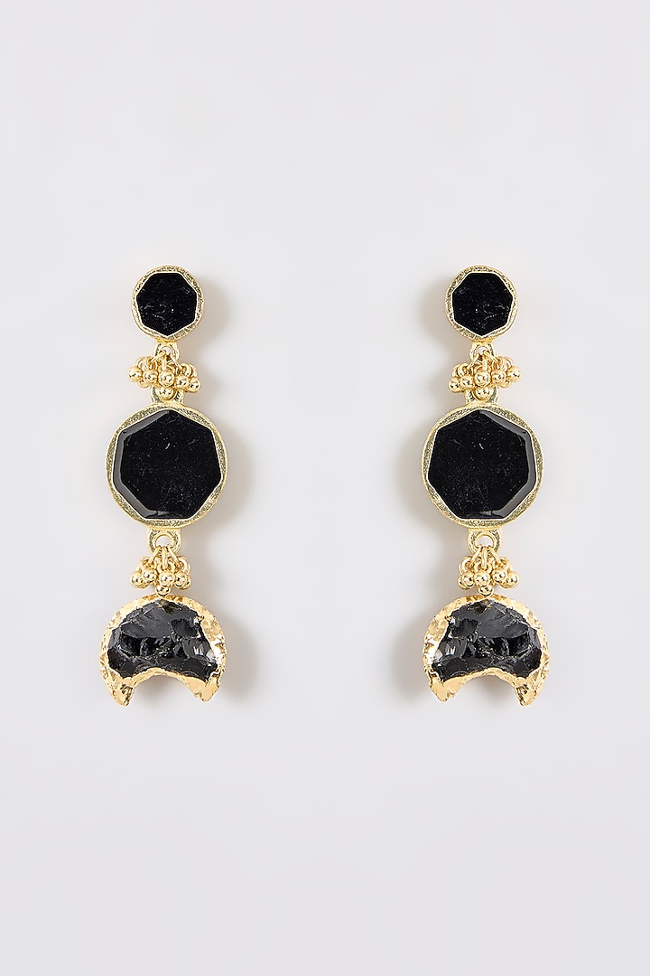 Gold Finish Black Stone Dangler Earrings by House Of Tuhina at Pernia's Pop Up Shop