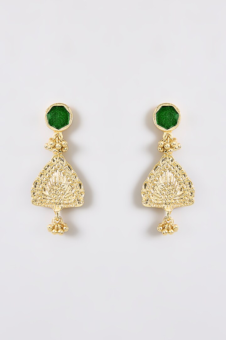 Gold Finish Green Water Pearl Dangler Earrings by House Of Tuhina at Pernia's Pop Up Shop