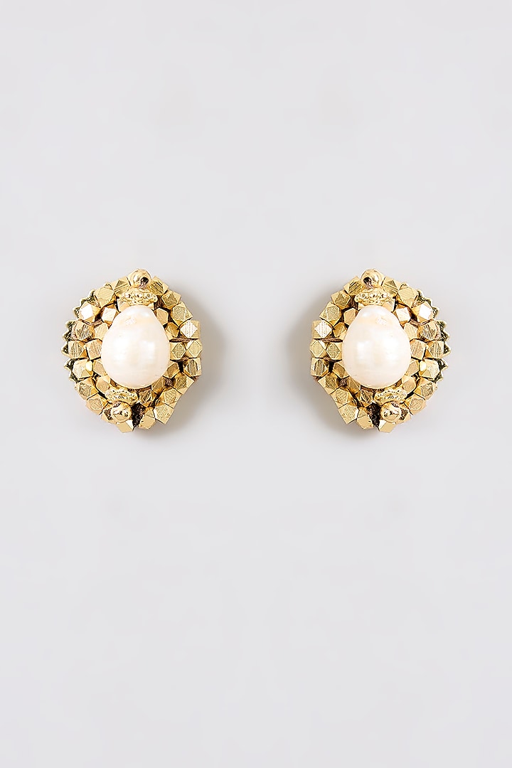 Gold Finish Water Pearl Stud Earrings by House Of Tuhina at Pernia's Pop Up Shop