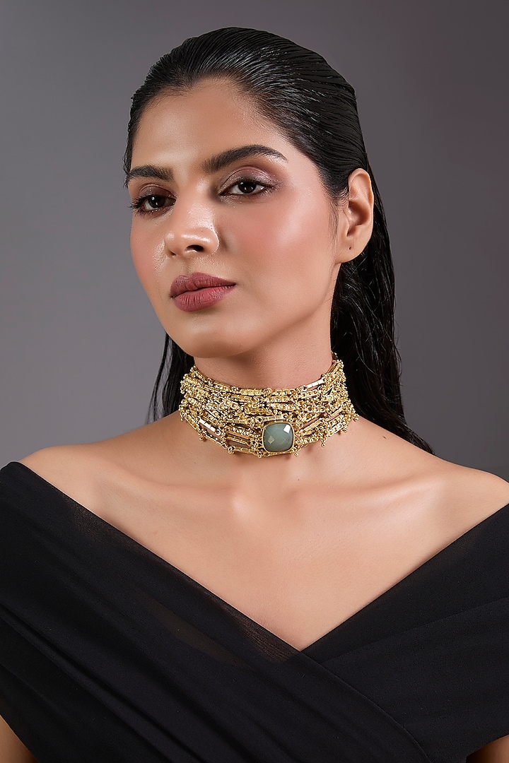 Gold Finish Grey Freshwater Pearl Necklace by House of Tuhina at Pernia's Pop Up Shop