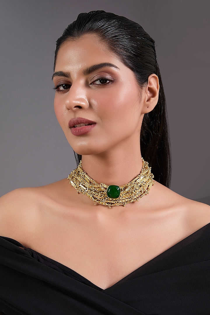 Gold Finish Green Freshwater Pearl Necklace by House of Tuhina at Pernia's Pop Up Shop