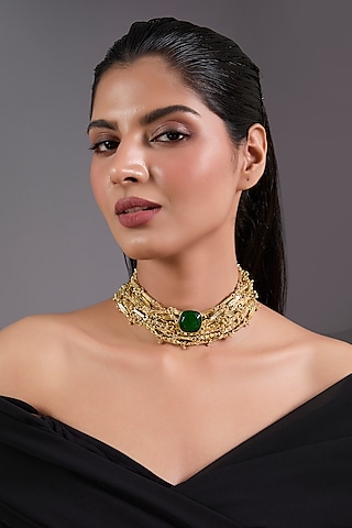 Gold Finish Green Freshwater Pearl Necklace by House of Tuhina