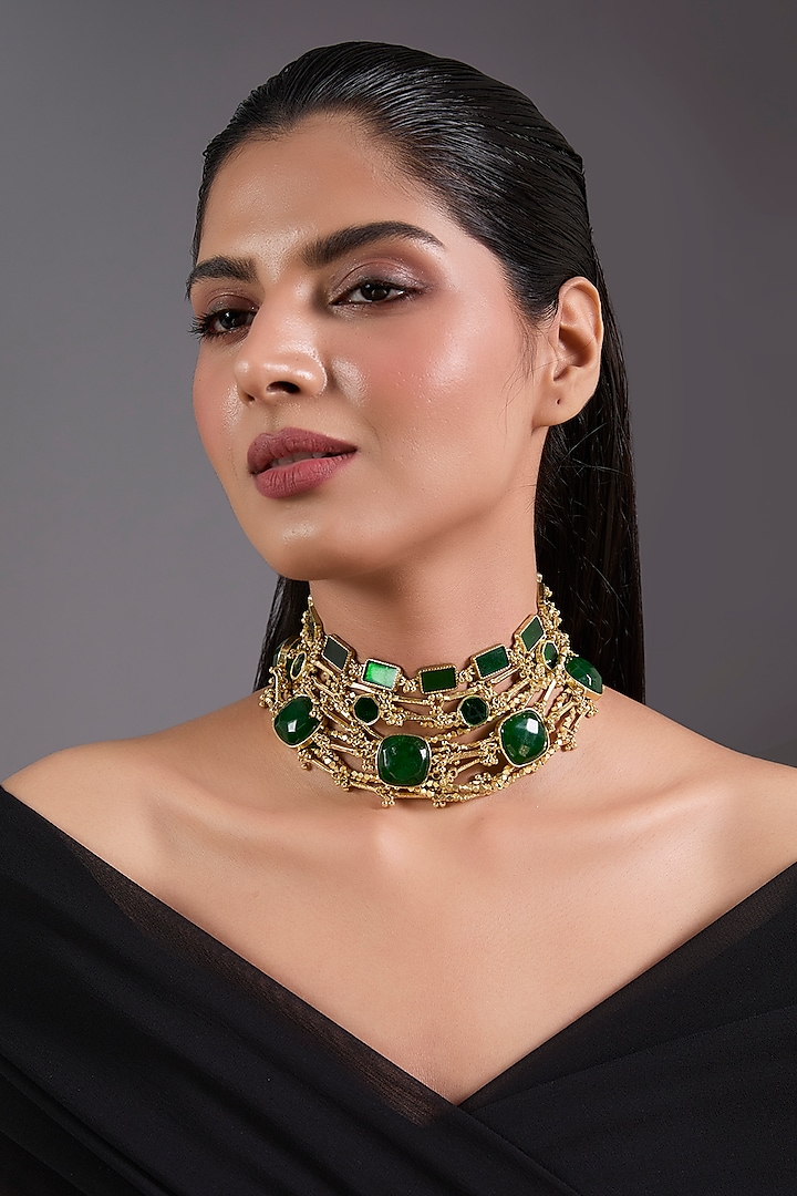Gold Finish Green Freshwater Pearl Necklace by House of Tuhina at Pernia's Pop Up Shop