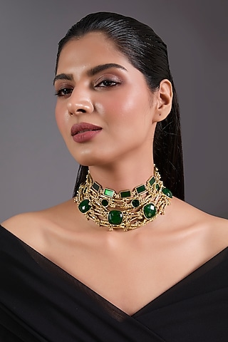 Gold Finish Green Freshwater Pearl Necklace by House of Tuhina