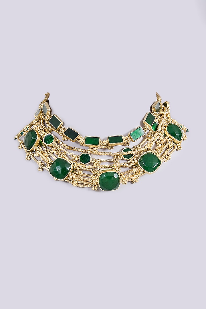 Gold Finish Green Freshwater Pearl Necklace by House of Tuhina at Pernia's Pop Up Shop