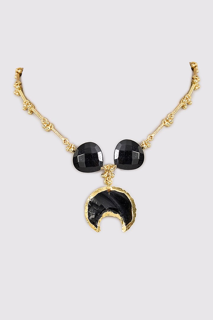 Gold Finish Water Pearl & Black Stone Necklace by House Of Tuhina at Pernia's Pop Up Shop