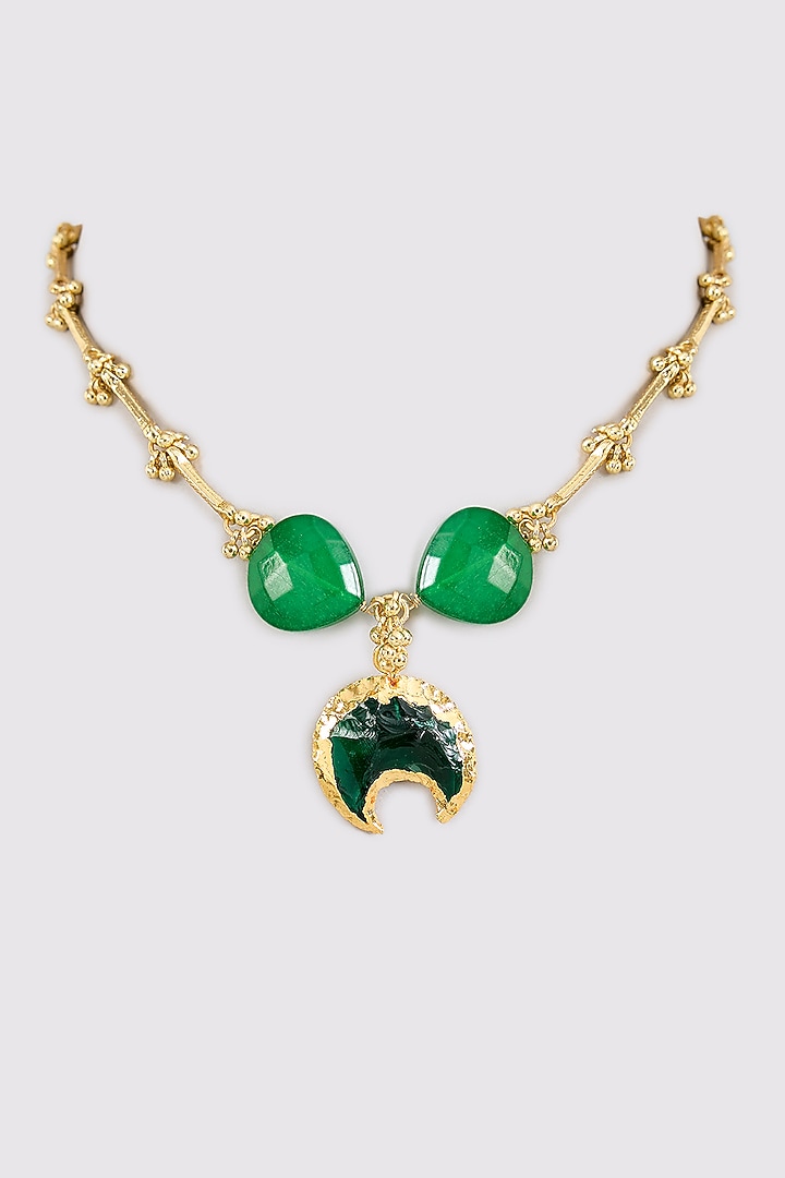 Gold Finish Water Pearl & Green Stone Necklace by House Of Tuhina at Pernia's Pop Up Shop