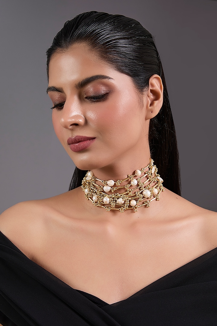 Gold Finish Freshwater Pearl Necklace by House of Tuhina at Pernia's Pop Up Shop