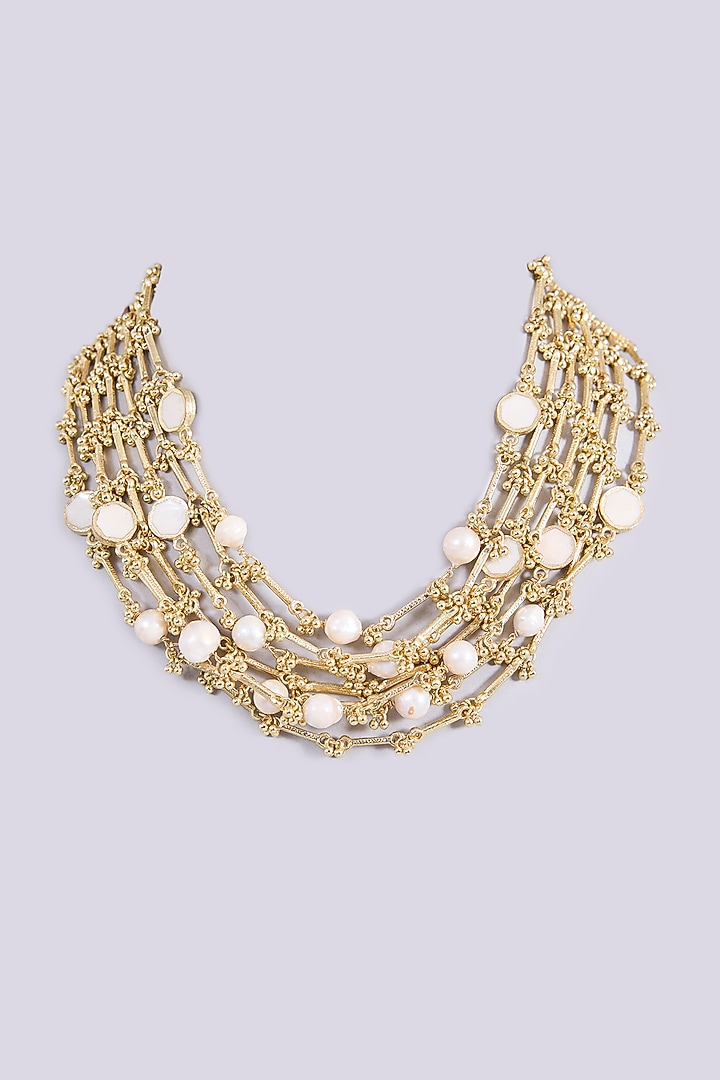 Gold Finish Freshwater Pearl Necklace by House of Tuhina at Pernia's Pop Up Shop