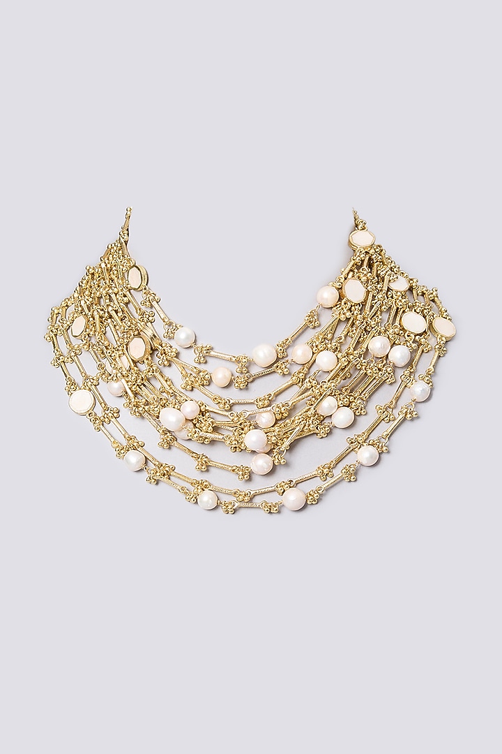 Gold Finish Pearl Layered Necklace by House of Tuhina at Pernia's Pop Up Shop