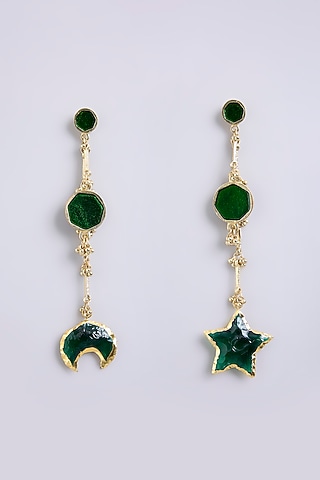 Gold Finish Green Stone Dangler Earrings by House Of Tuhina