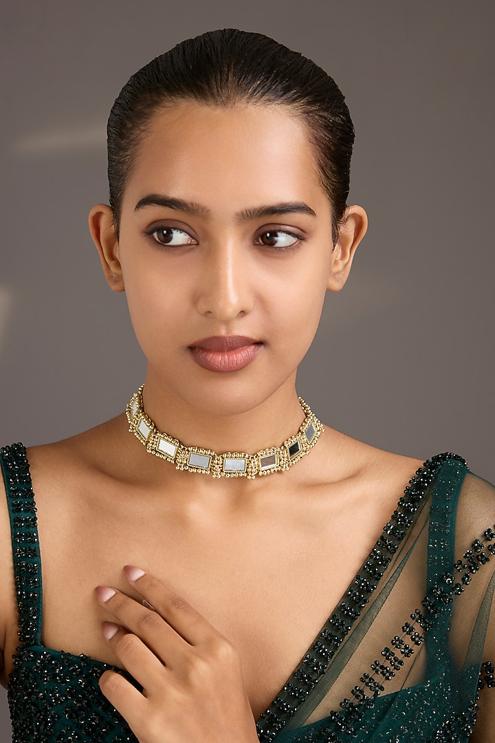 Gold Finish White Stone Necklace by House Of Tuhina at Pernia's Pop Up Shop