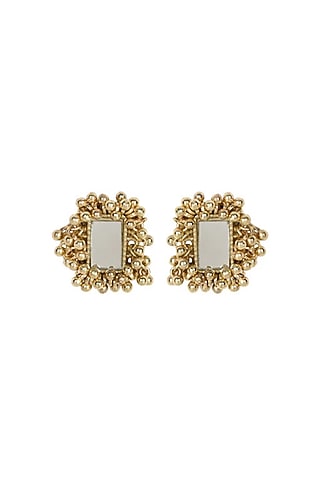 Gold Finish Mirror & Gold Stone Stud Earrings by House Of Tuhina