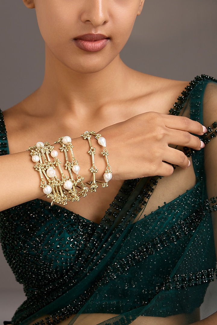 Gold Finish White Stone Bracelet by House Of Tuhina at Pernia's Pop Up Shop