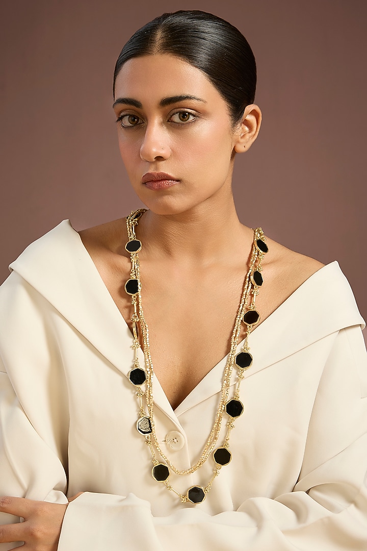 Gold Finish Black Stone Long Necklace by House Of Tuhina at Pernia's Pop Up Shop