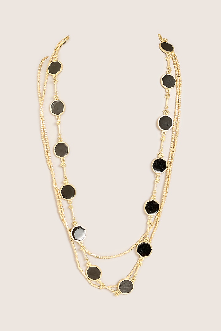 Gold Finish Black Stone Long Necklace by House Of Tuhina at Pernia's Pop Up Shop