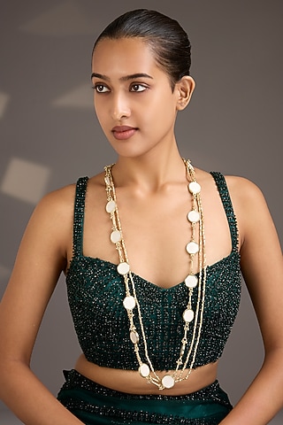 Gold Finish White Stone Necklace by House Of Tuhina