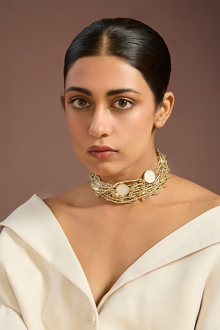 Gold Finish Ivory Stone Choker Necklace by House Of Tuhina at Pernia's Pop Up Shop