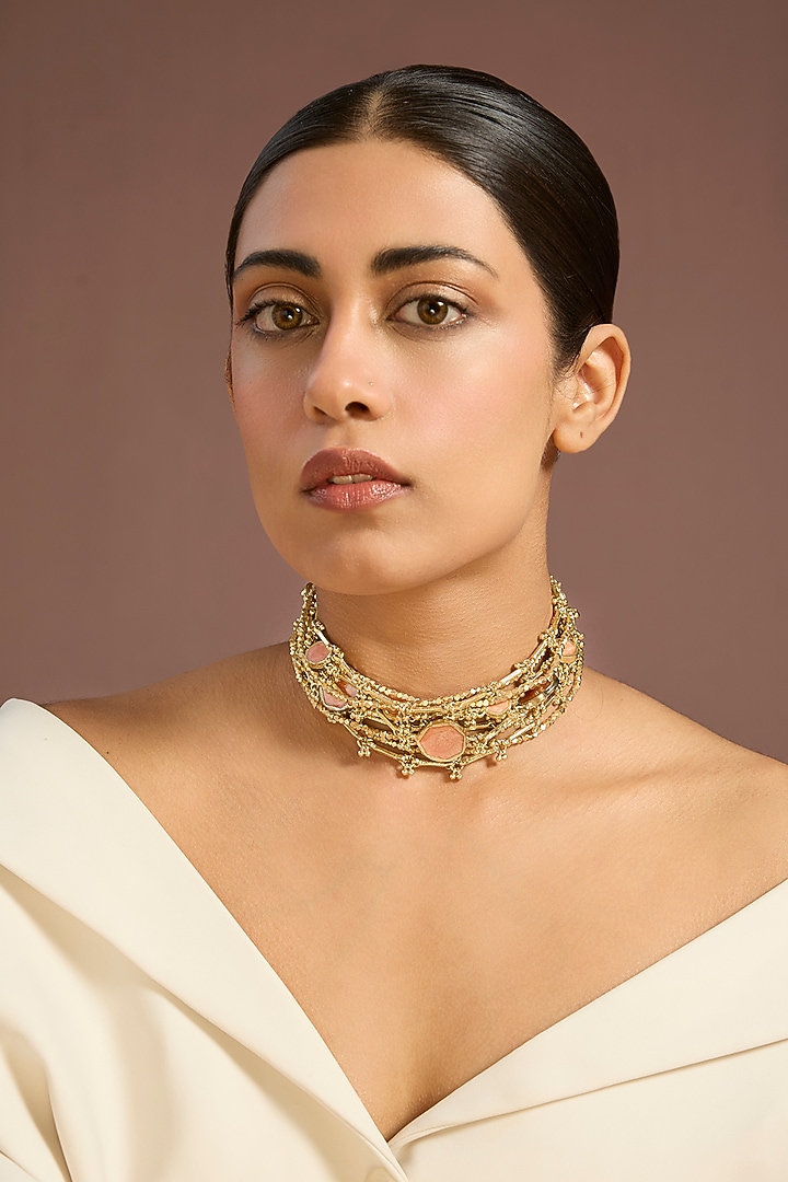 Gold Finish Coral Stone Choker Necklace by House Of Tuhina at Pernia's Pop Up Shop