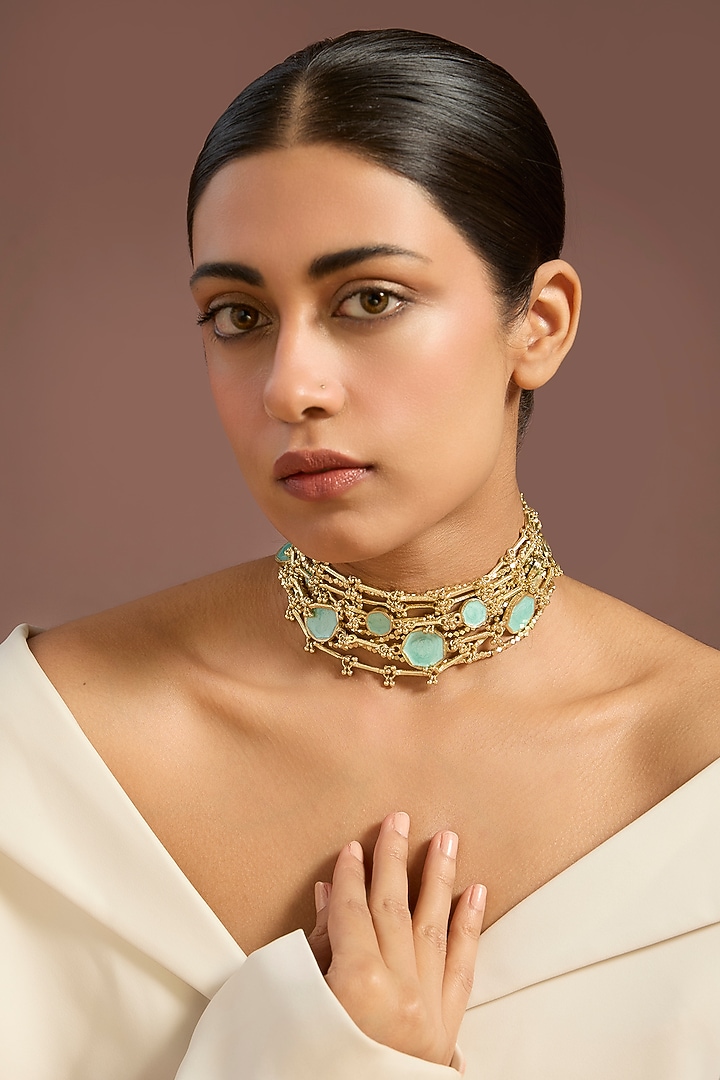 Gold Finish Turquoise Stone Choker Necklace by House Of Tuhina at Pernia's Pop Up Shop