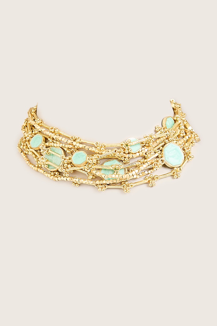 Gold Finish Turquoise Stone Choker Necklace by House Of Tuhina at Pernia's Pop Up Shop