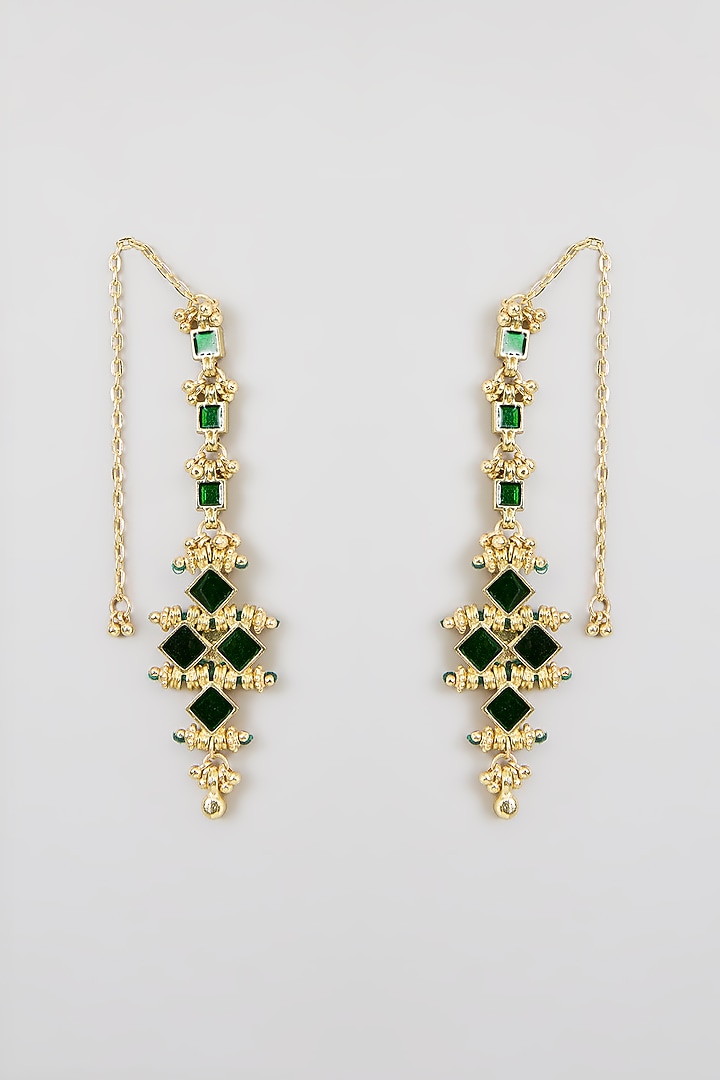 Gold Finish Green Stone Dangler Earrings by House of Tuhina at Pernia's Pop Up Shop
