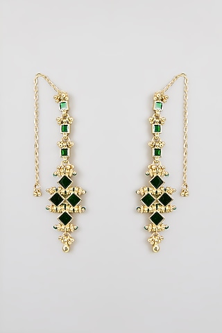 Gold Finish Green Stone Dangler Earrings by House of Tuhina