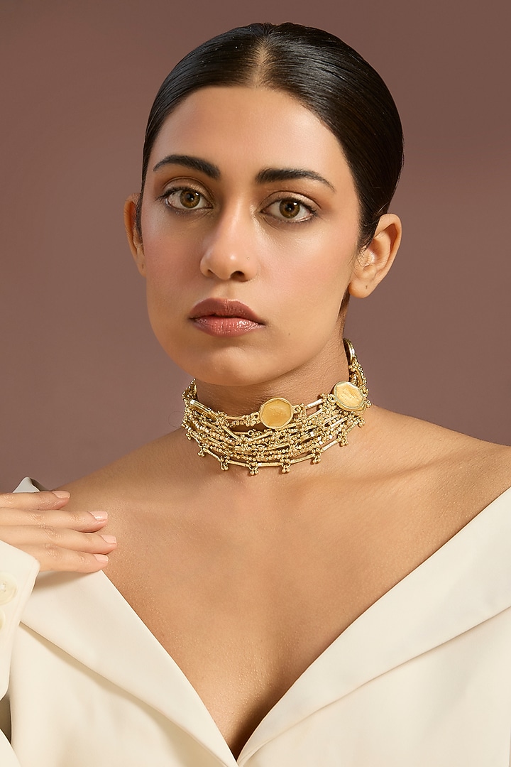 Gold Finish Gold Stone Choker Necklace by House Of Tuhina at Pernia's Pop Up Shop