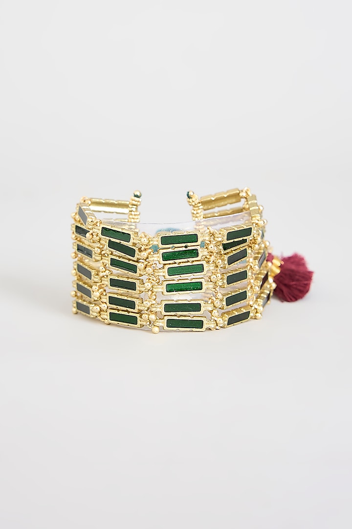 Gold Finish Green Stone Adjustable Bracelet by House of Tuhina at Pernia's Pop Up Shop