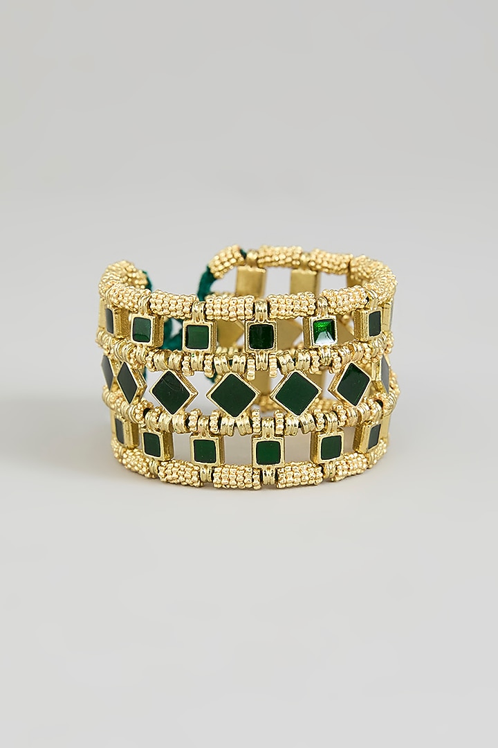 Gold Finish Green Stone Adjustable Bracelet by House of Tuhina at Pernia's Pop Up Shop