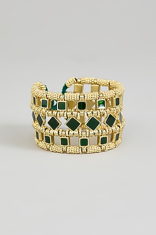 Gold Finish Green Stone Adjustable Bracelet by House of Tuhina