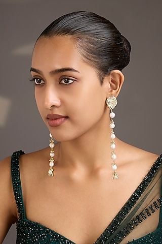 Gold Finish White Stone Dangler Earrings by House Of Tuhina