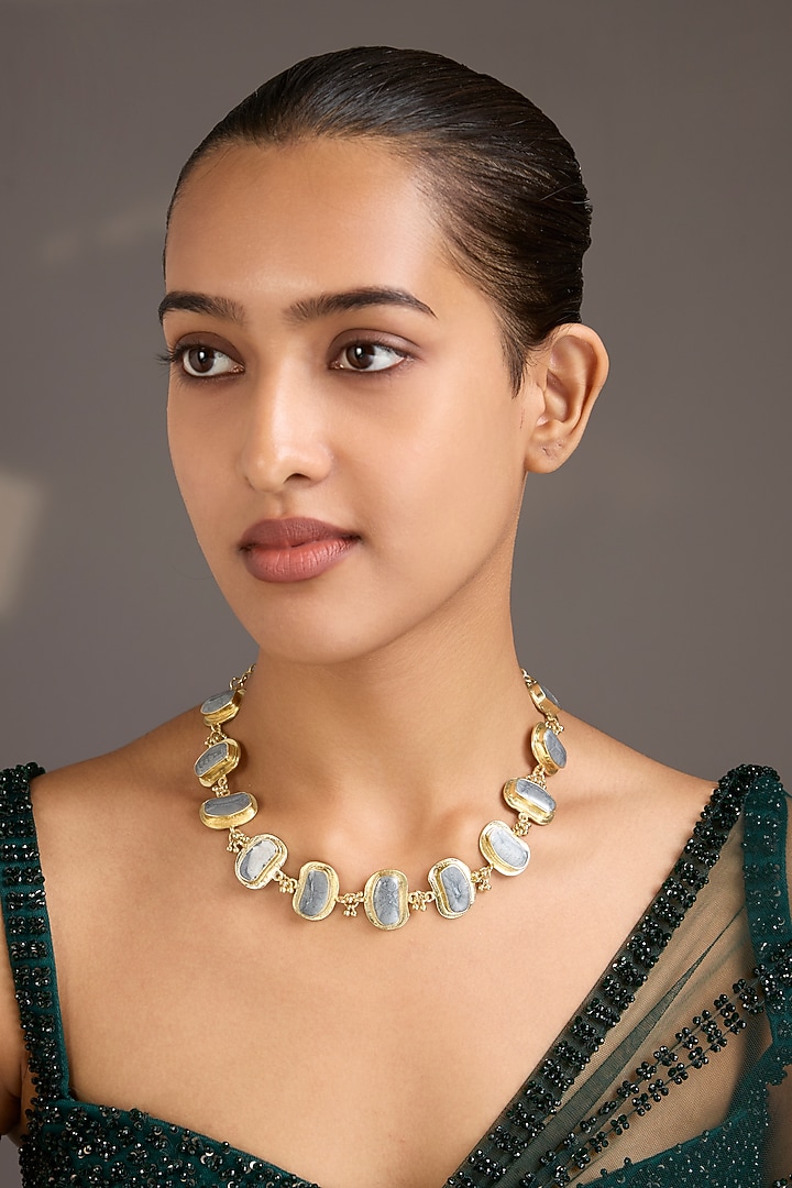 Gold Finish White Stone Necklace by House Of Tuhina at Pernia's Pop Up Shop