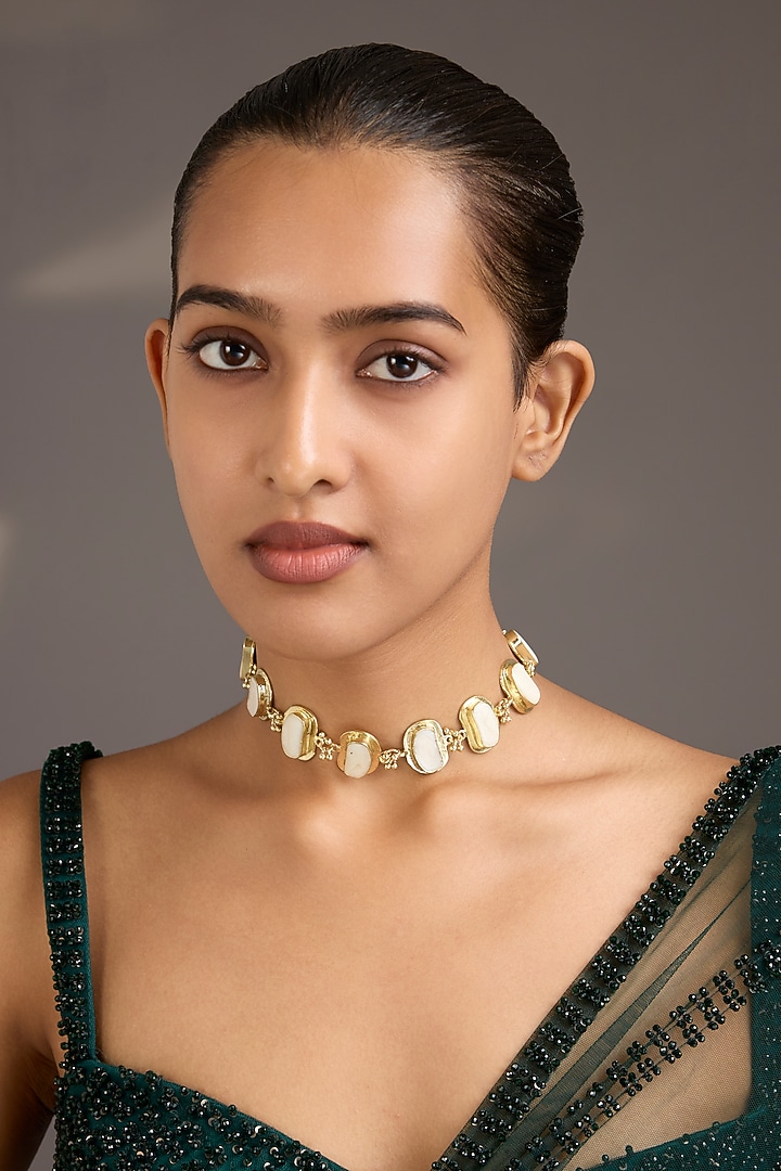 Gold Finish White Stone Necklace by House Of Tuhina at Pernia's Pop Up Shop