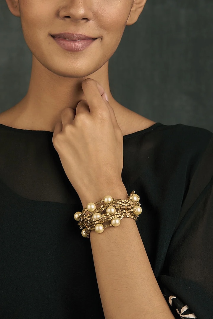 Gold Finish Mirror & Gold Stone Bracelet by House Of Tuhina at Pernia's Pop Up Shop