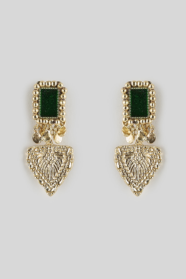 Gold Finish Green Stone Dangler Earrings by House of Tuhina at Pernia's Pop Up Shop