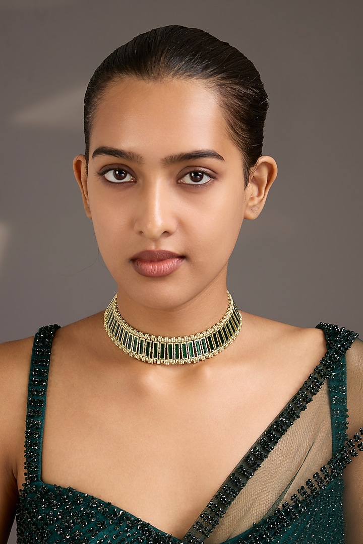 Gold Finish Green Stone Necklace by House Of Tuhina at Pernia's Pop Up Shop
