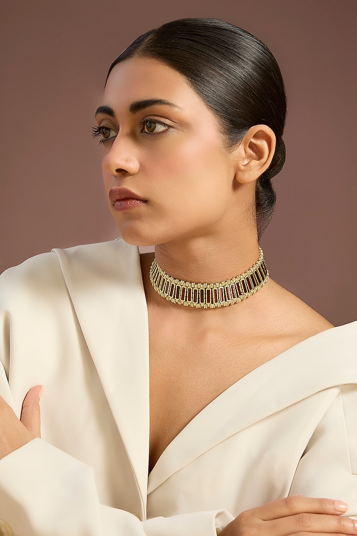Gold Finish Maroon Stone Choker Necklace by House Of Tuhina at Pernia's Pop Up Shop