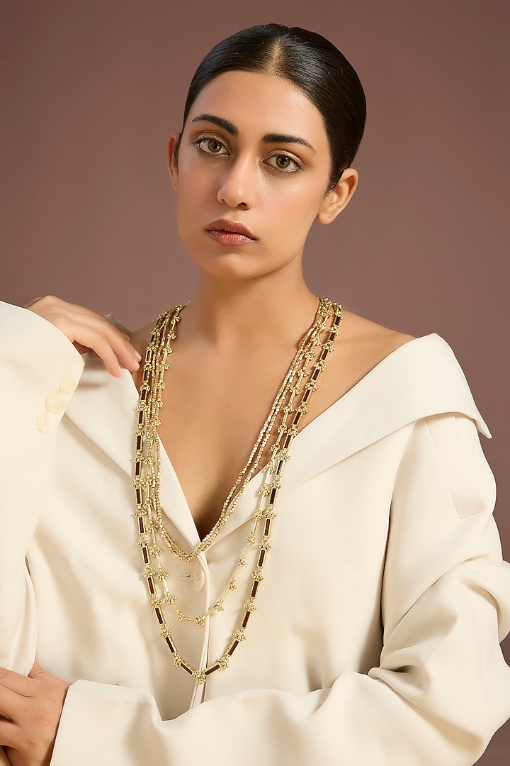 Gold Finish Maroon Stone Long Necklace by House Of Tuhina at Pernia's Pop Up Shop