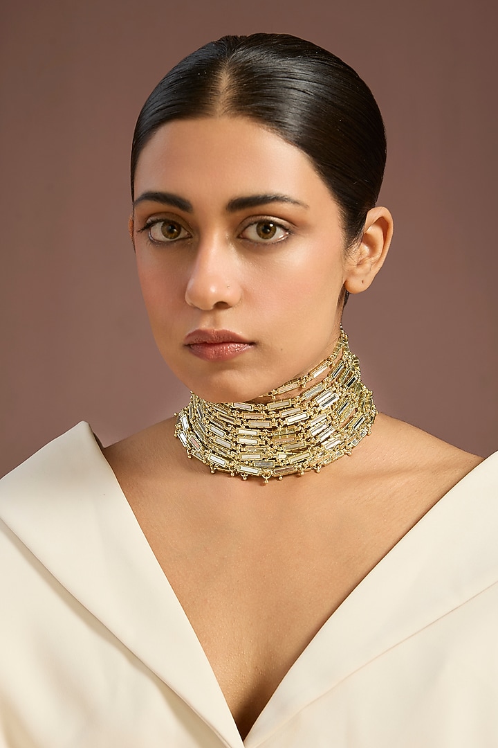 Gold Finish Green Stone Choker Necklace by House of Tuhina at Pernia's Pop Up Shop